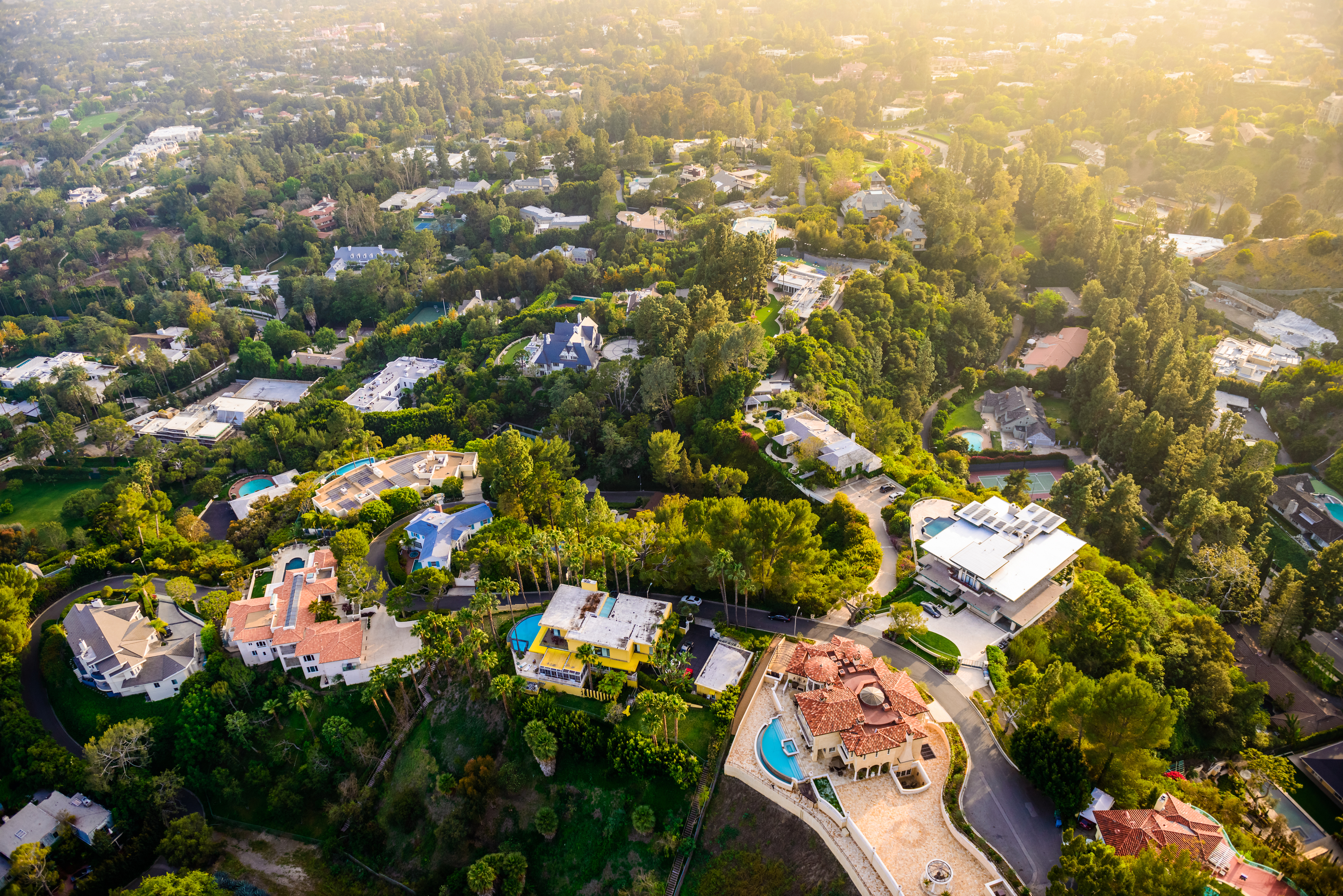 Aerial view of urban forest at sunset