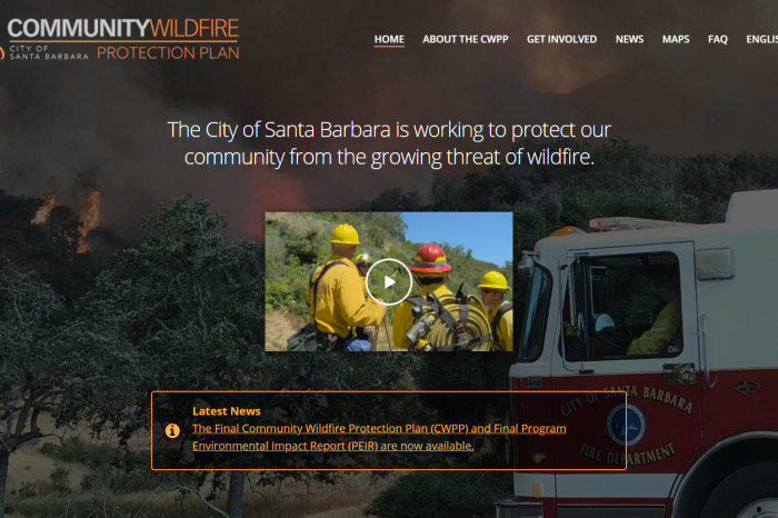 Screenshot of the homepage of the Santa Barbara Community Wildfire Protection Plan public website. The tagline reads "The City of Santa Barbara is working to protect our community from the growing threat of wildfire." A video player is below the tagline.
