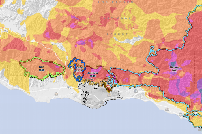 Colorful map prepared for the Santa Barbara Community Wildfire Protection Plan showing the outline of areas burned around Santa Barbara in various fires since 2008.