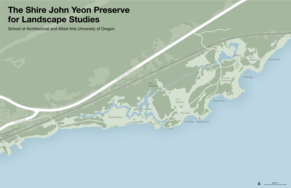 Animated gif showing various aspects of a map of the The Shire John Yeon Preserve for Landscape Studies