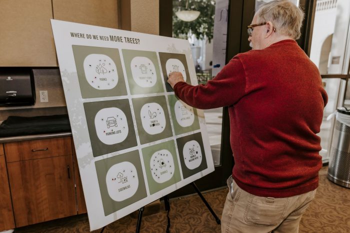 A man places stickers on a board at the Urban Forest Summit for the Temecula Urban Forest Management Plan