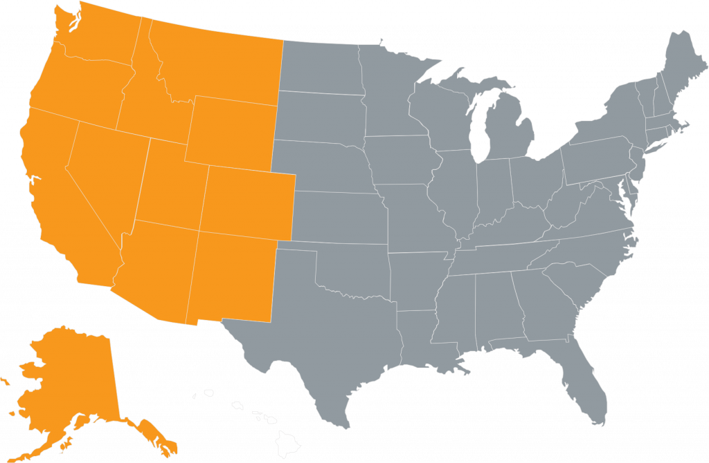 U.S. map with Alaska, Arizona, California, Colorado, Idaho, Montana, New Mexico, Nevada, Oregon, Utah, Washington, and Wyoming colored in orange. All other states are colored grey. Colors represent the states that make up the American West.