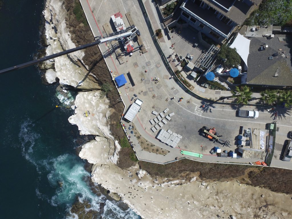 Aerial view of the roadway at the site of the Coast Boulevard Emergency Sea Cave Stabilization project