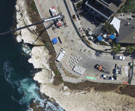 Aerial view of the roadway at the site of the Coast Boulevard Emergency Sea Cave Stabilization project
