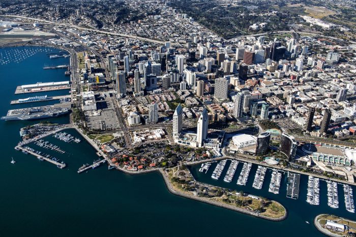 Aerial view of downtown San Diego and the San Diego bay