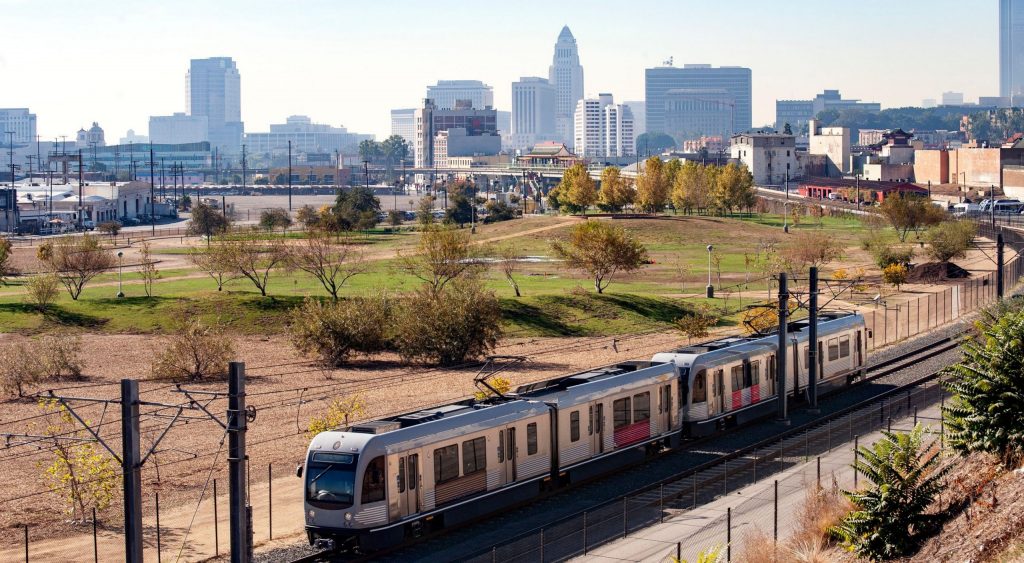Metro gold line train heading towards downtown Los Angeles