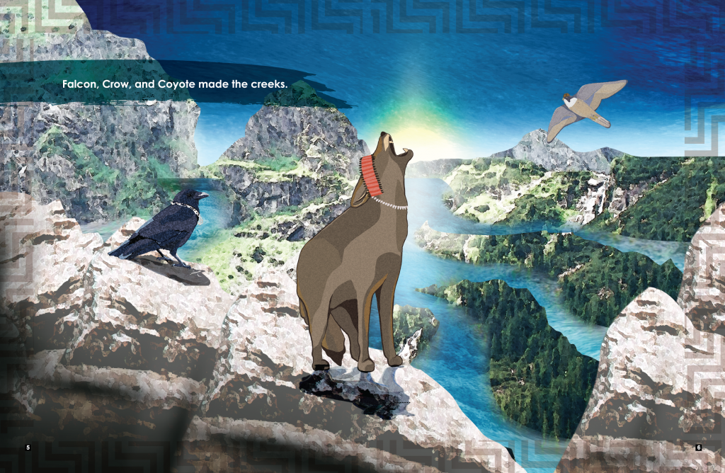 Illustration from the Story of the World Tribal Water Story. In the background is a panoramic illustration of a water-filled valley. The illustration also includes drawings of a coyote, crow, and falcon in Tribal regalia. A caption on the page reads, "Falcon, crow, and coyote made the creeks."