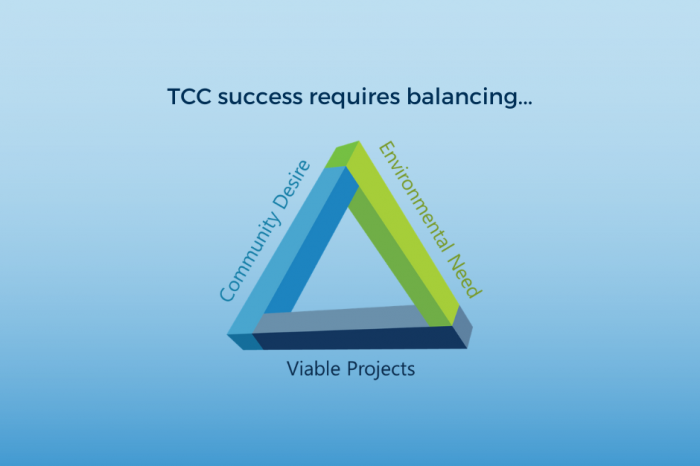 Graphic depicting the balance of considerations for Transformative Climate Communities (TCC). The graphic heading reads: TCC Success requires balancing... Beneath that, a triangle shape has labels on each side, which say "Environmental Need," "Viable Projects," and "Community Desire."