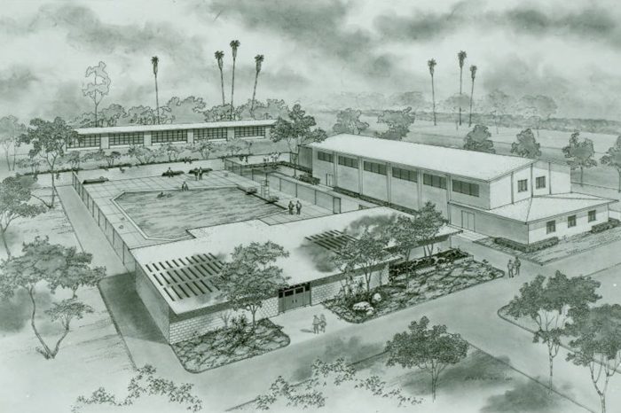 Architectural illustration of Mona Park Pool in 1965, researched for the historic context statement for the LA Metro Area Plan.