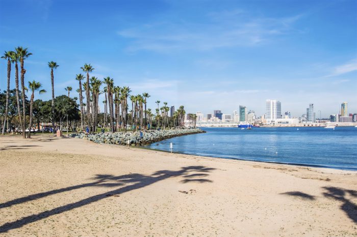 Sandy beach park on Coronado Island with a view of San Diego Bay