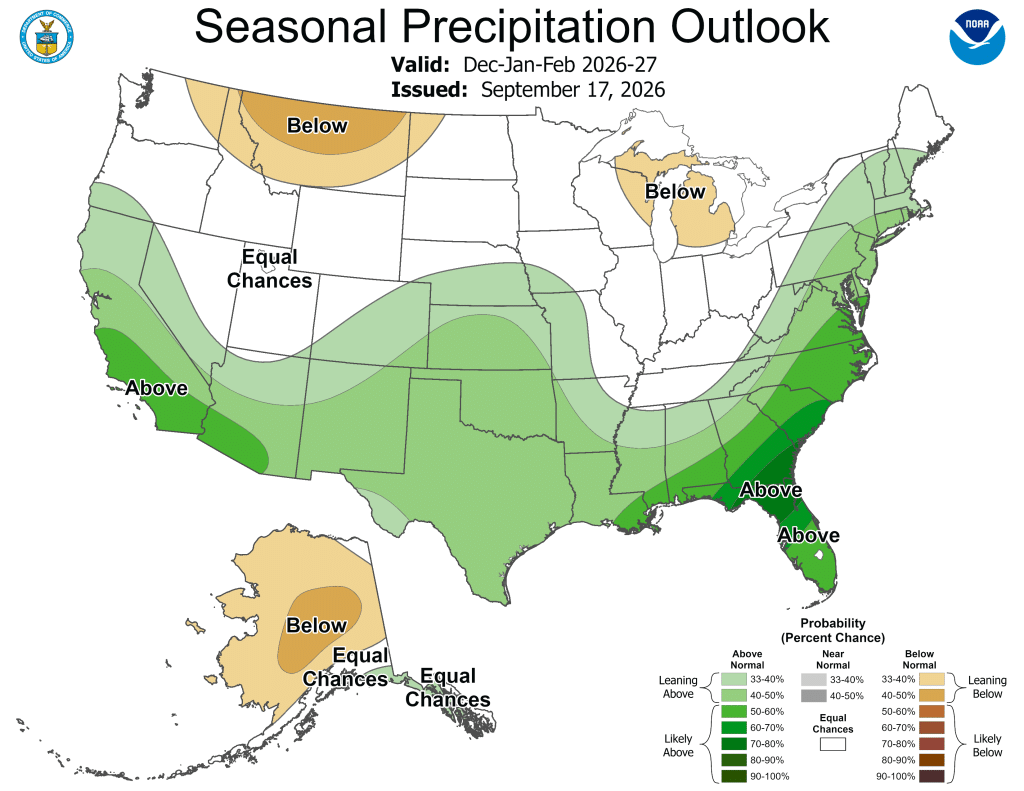 NOAA Seasonal Precipitation Outlook for December 2026 through February 2027 showing increased chances of above-normal precipitation across much of the southern United States, including California, supporting Super El Niño storm preparedness and emergency planning efforts.